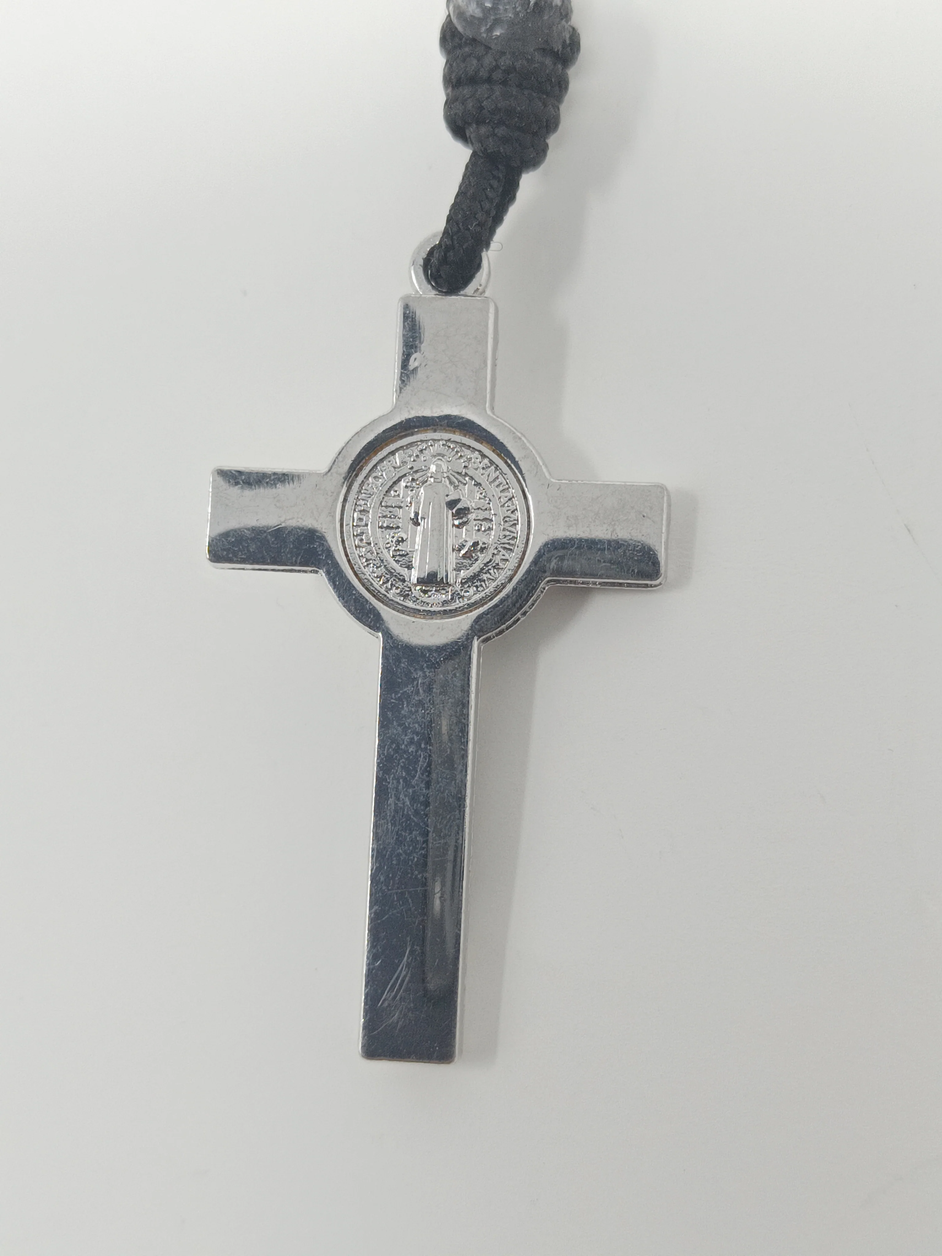 Paracord Black Rosary keyring, Silver St Benedict crucifix, One decade metal & knot Rosary, Strong, Catholic Rosary, Pilgrimages, Knotted Rosary, Unbreakable, Waterproof - Image 3