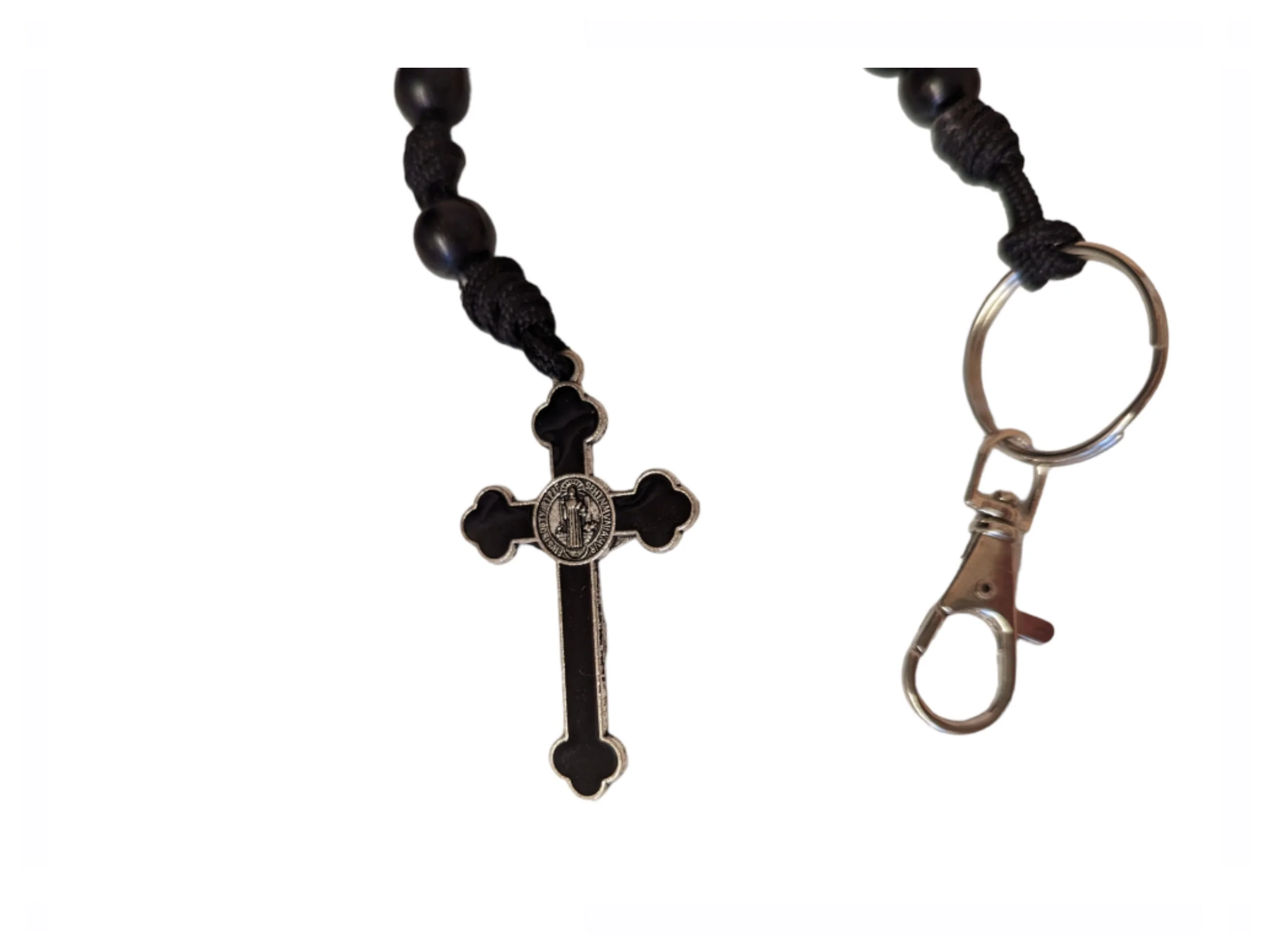 Paracord Black Rosary keyring, Black St Benedict crucifix, One decade metal & knot Rosary, Strong, Catholic Rosary, Pilgrimages, Knotted Rosary, Unbreakable, Waterproof - Image 3